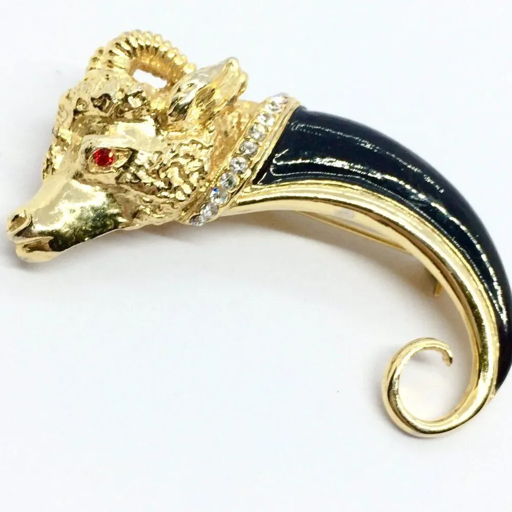 VINTAGE RAM BROOCH Black Enamel Horn Rhinestone Gold Tone Aries Statement Pin